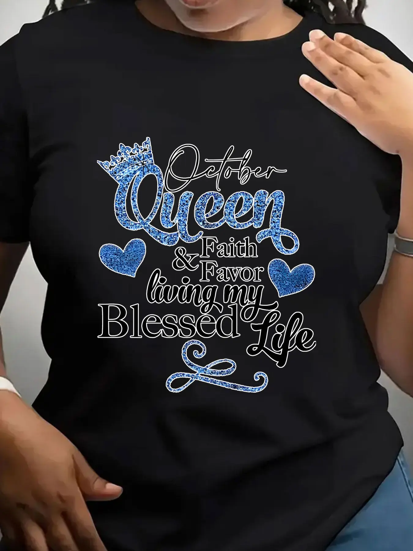 Women's Trendy Crew Neck T-Shirt October Queen Faith Favor Blessed Life Suitable for Casual Sportswear