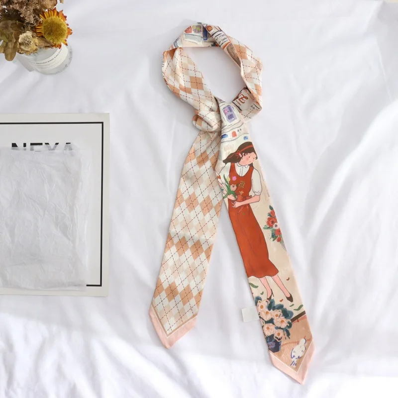 New Summer Print  Lotus Small Scarf Handle Bag Ribbons Fashion Head Scarf Small Long Skinny Scarves Headbands Scarf For Women