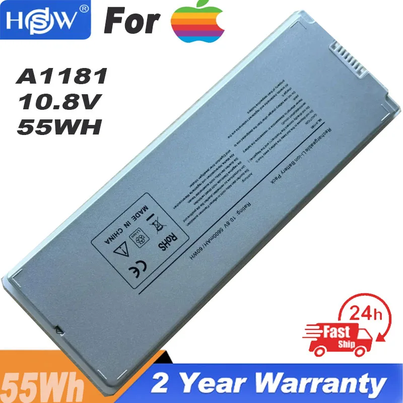 Silver 5600 mAh Laptop Battery for Apple A1185 A1181 For MacBook 13