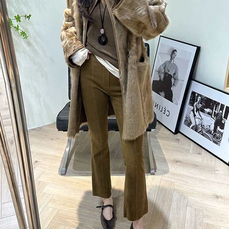 Caramel/Coffee Retro Suede Lambskin Straight Trousers Autumn Women Elastic Waist Zipper Pocket Casual Wide-Leg Pantalon Femme
