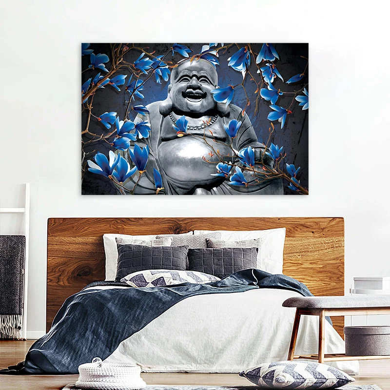 One Piece Buddha Posters Blue Flowers Painting Canvas Prints Wall Art Pictures for Living Room Home Decoration Zen No Frame