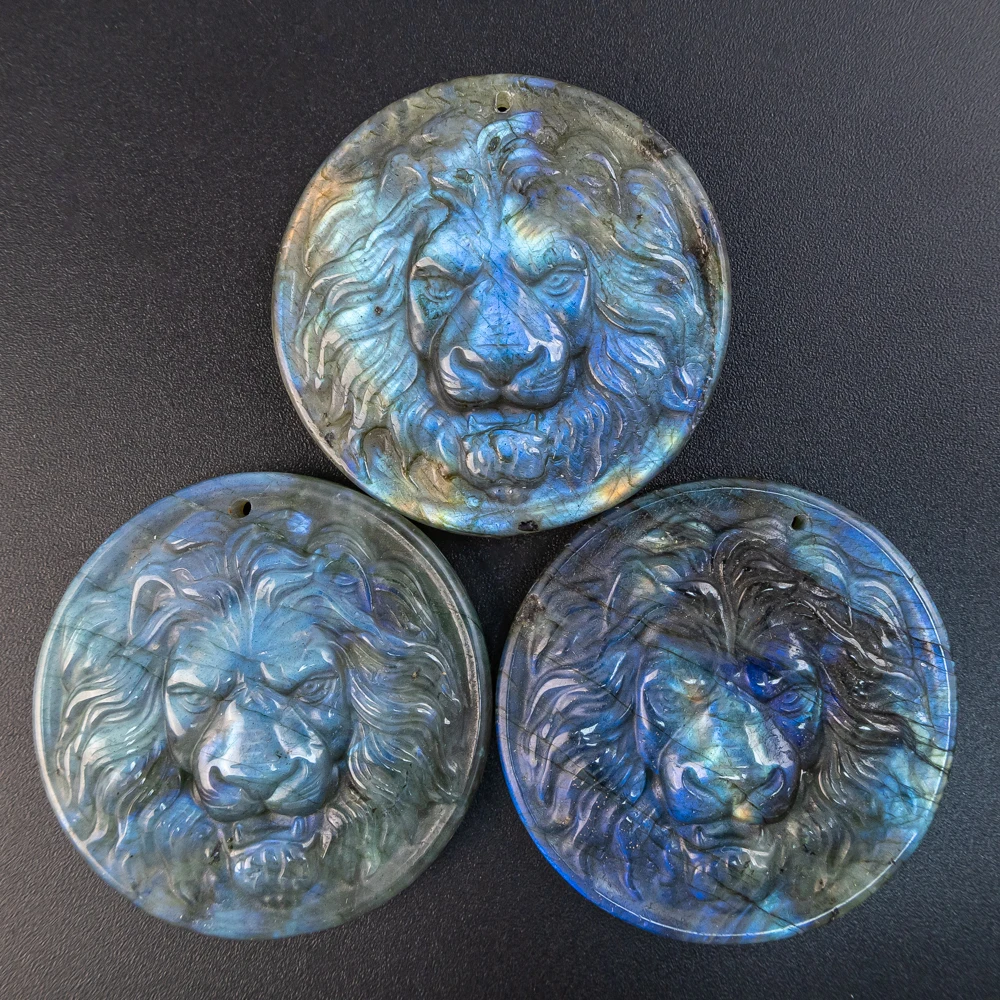 Dual Flash Labradorite Pendant Blank 49X48X9mm Unpolished Lion Head Cabochon with Natural Blue Iridescence Flash For Jewelry