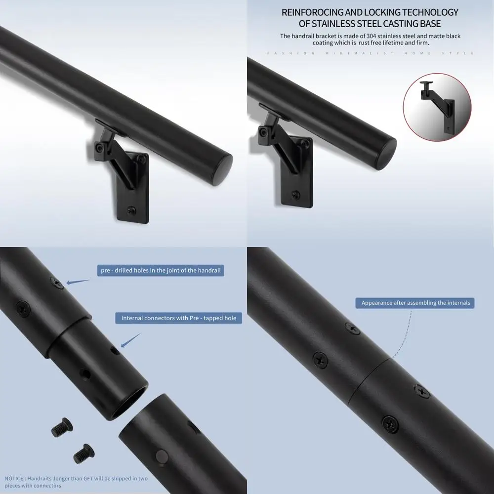 طقم درابزين درج من الألومنيوم الحديث، طول 8 أقدام، للاستخدام الداخلي الخارجي، قضيب بقطر 1.4، دعامات من الفولاذ المقاوم للصدأ قابلة للتعديل #1