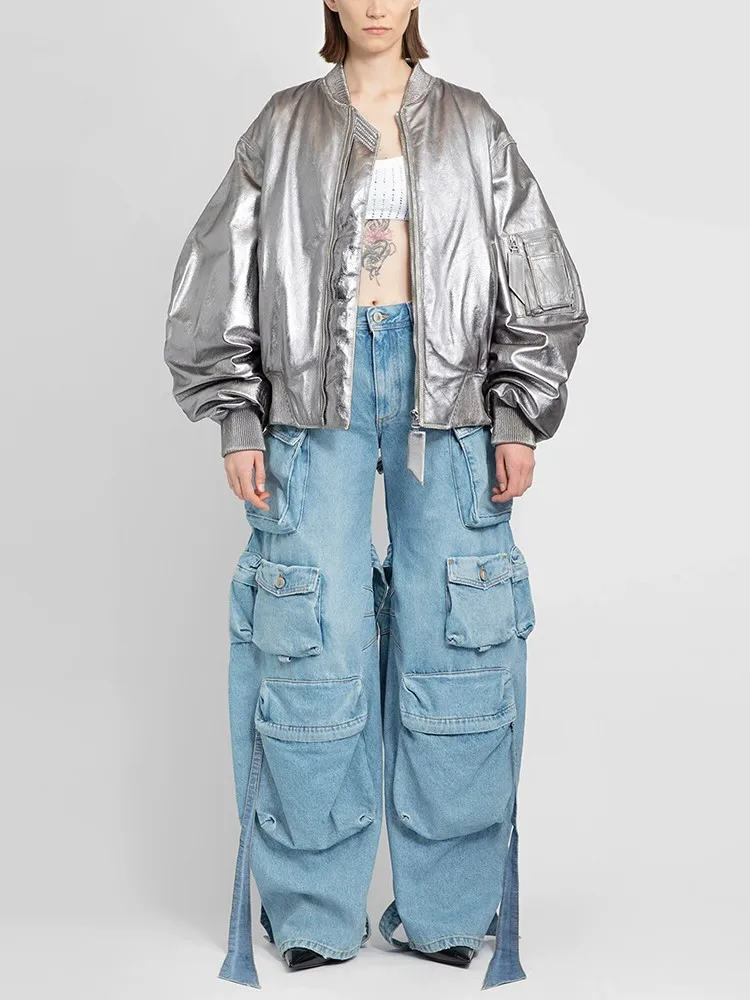 BPN Streetwear Hollow Out Jeans For Women High Waist Solid Patchwork Pockets Casual Loose Wide Leg Denim Trousers Female Fashion