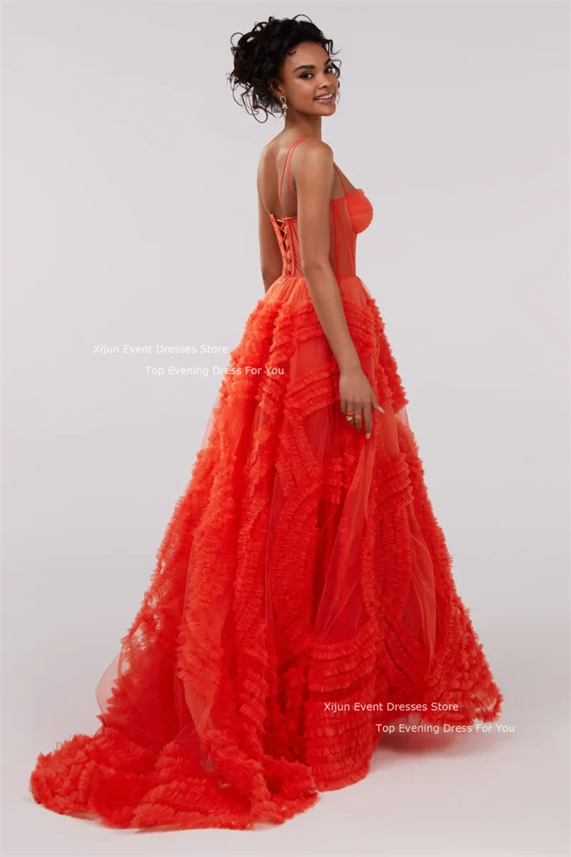 Xijun Red Tulle Long Evening Dresses A-Line Ruffles Ruffles Sexy Prom Dresses Floor Length Prom Gowns Women Party Gowns Vestidos