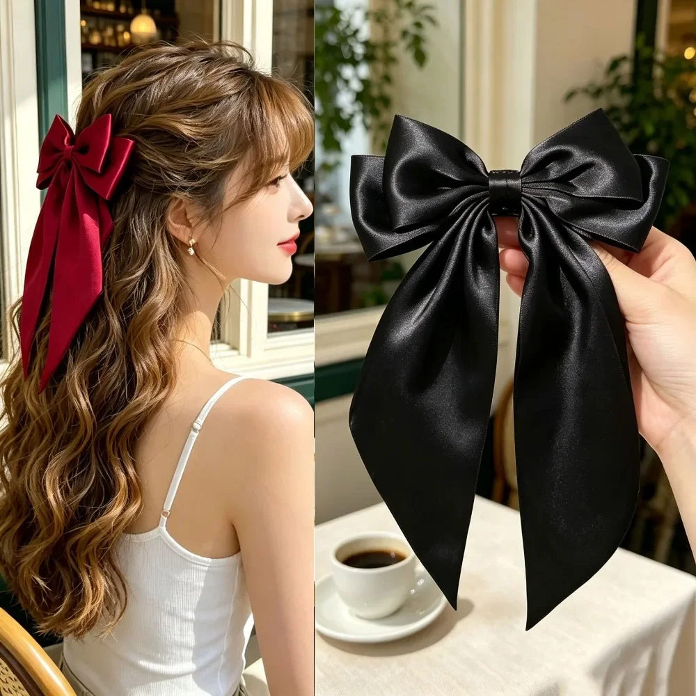 Korean Satin Ribbon Bowknot Hairpin, Sweet Bow Spring Barrette Elegant Headwear for Women Girls