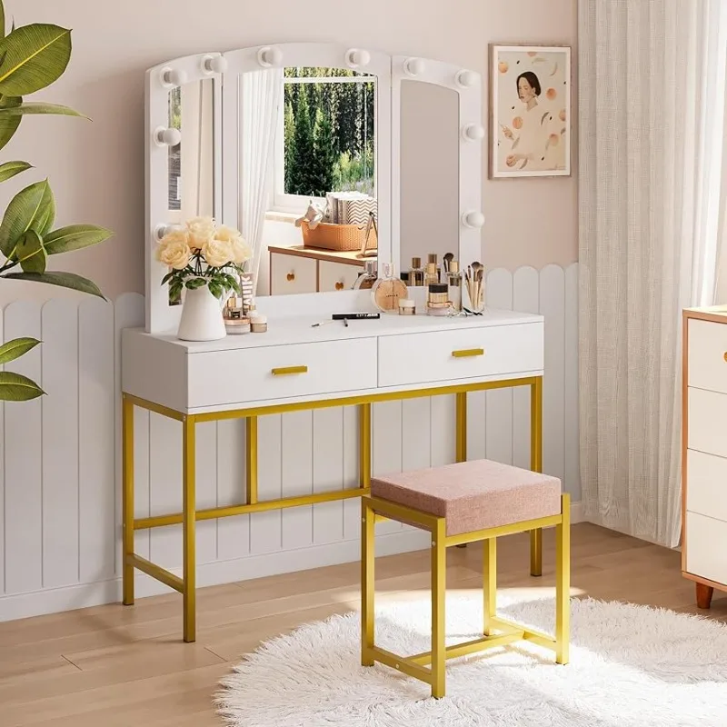 

Makeup Vanity Desk with Mirror and Lights, White Vanity Dressing Table Set with 2 Drawers and Stool, Girls Vanity Set