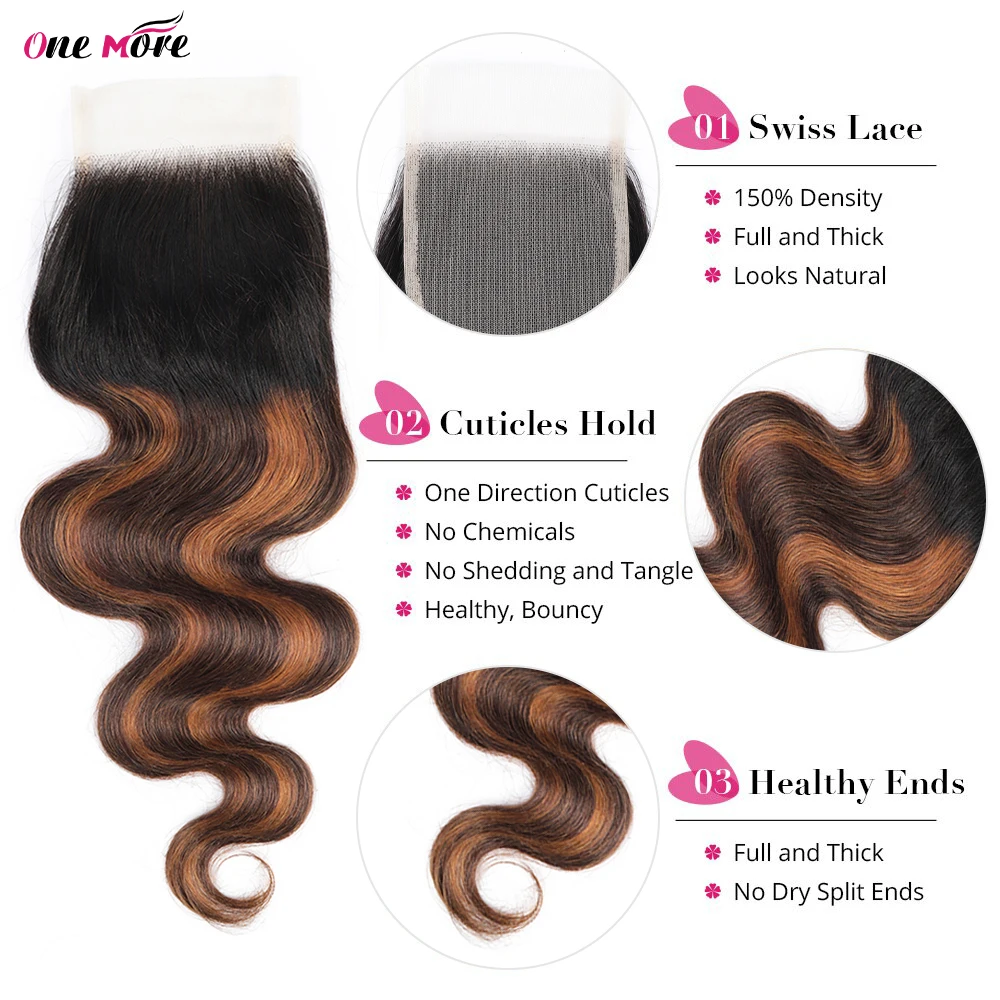 Faisceaux de cheveux humains Body Wave avec fermeture, reflets colorés ombrés, marron, 4x4, 5x5, FB30