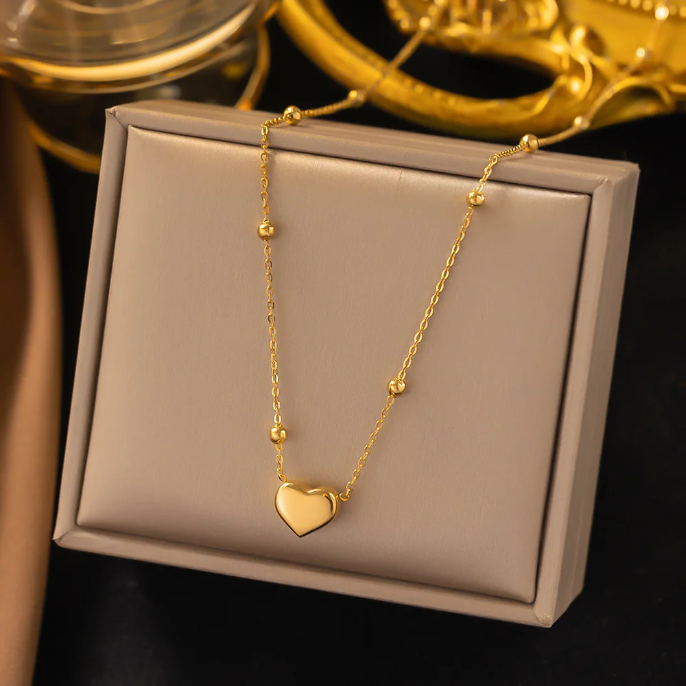 316L Stainless Steel New Fashion Upscale Jewelry Lovers Love Heart Shape Charms Beaded Chain Choker Necklace & Pendant For Women
