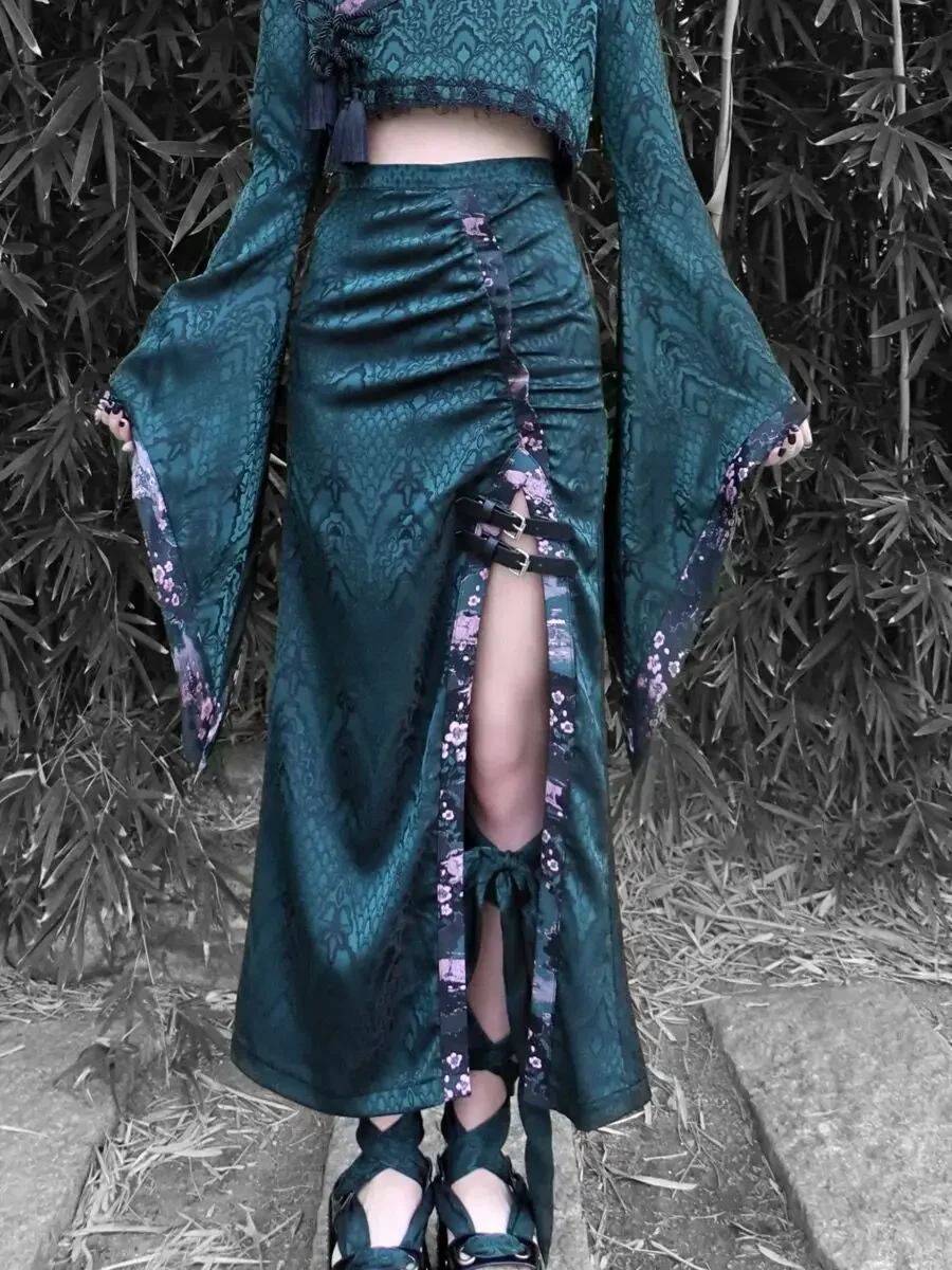 IMU Blood Supply Original Design Sexy Snake Pattern Dark Green Skirt Sheath Straight Long High Slit Bow Tie Skirts Gothic Punk S