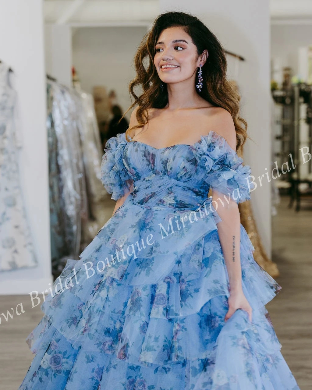 Floral Print Formal Party Dress 2k24 Detachable Sleeves Pattered Ruffle Tulle Lady Pageant Senior Prom Gala Evening Event Gown