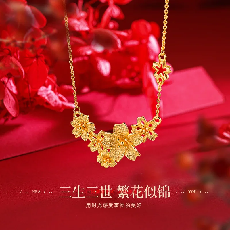 9999 Real Gold 24K Sansheng Flower Set Chain Gold Premium Flower Clavicle Necklace Wedding Flower Necklace