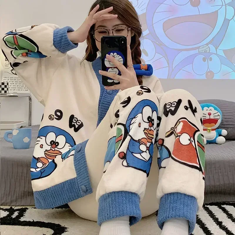 

New Jingle Cat Flannel Thickened Home clothes Doraemon Coral Fleece Pajama Women's Autumn Winter Long Sleeve sleepwear