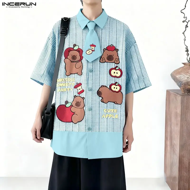 

Мужская рубашка INCERUN, свободная, с коротким рукавом, с отложным воротником, с принтом в клетку и в стиле пэчворк, летняя, в корейском стиле, модная, 2026