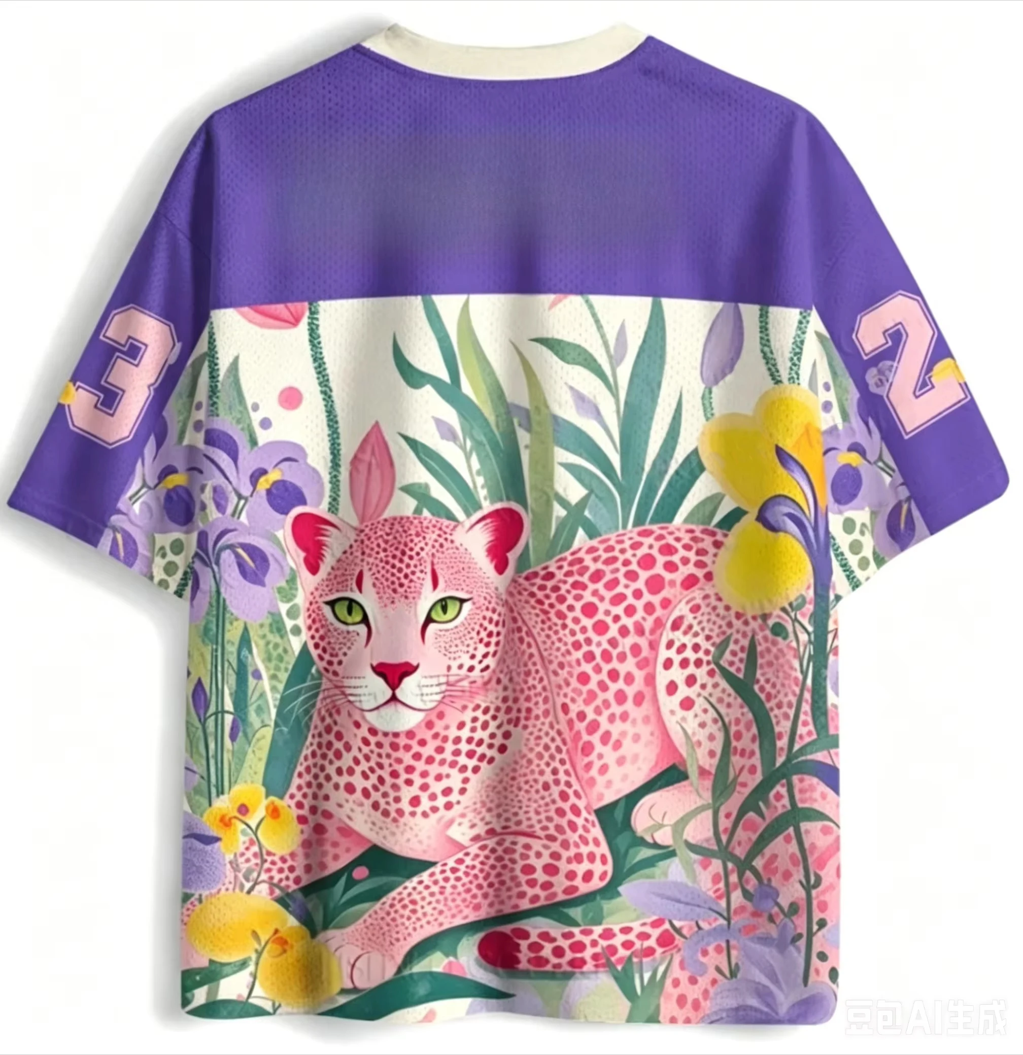 Rosa Gepardenblumen-Bedrucktes Rugby-Trikot Pop-Art Japanisch-Amerikanisches 3D-Druck T-Shirt für Erwachsene und Kinder mit Kurzen Ärmeln – Detail 5