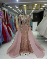 Full Heavy Pearls Crystal Pink Formal Evening Dresses Dubai Beaded Wedding Party Dress robes longues soirées élégante diamond