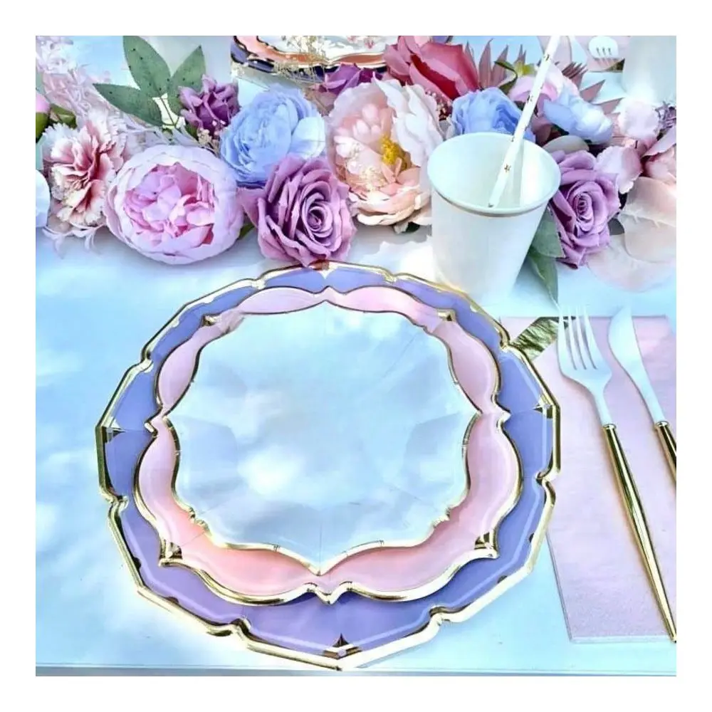 

White Pink And Purple Party Plates Heavy Duty Disposable Paper Plates Pink And Yellow With Gold Edge Plates Include 20Pcs White