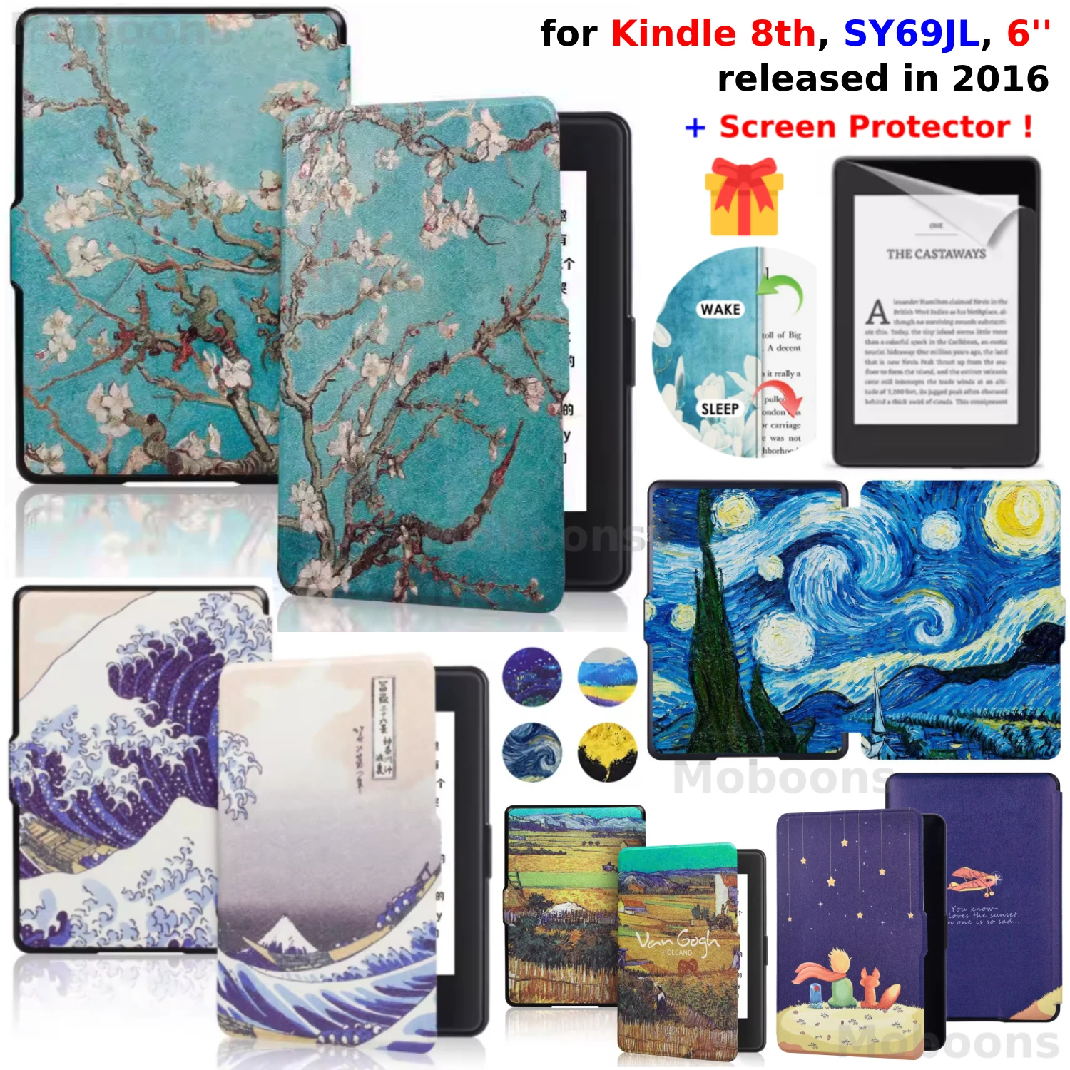 For Kindle 8th Generation Case + Screen Protector 6 inch 2016 SY69JL PU Leather Cover Wake/Sleep Ebook Skin Accessories Funda