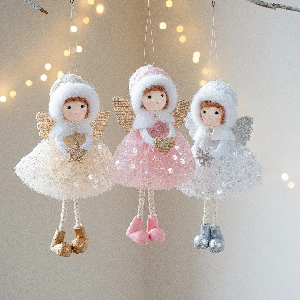 

Cute Christmas Girl Pendant Tulle Dress White Mesh Girl Hanging Ornament Shiny Golden Wings Plush Christmas Tree Decorations