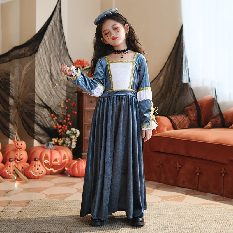 

Halloween Kids Costume Vintage Court Style Long Sleeve Medieval Renaissance Girls Costume Carnival Dress
