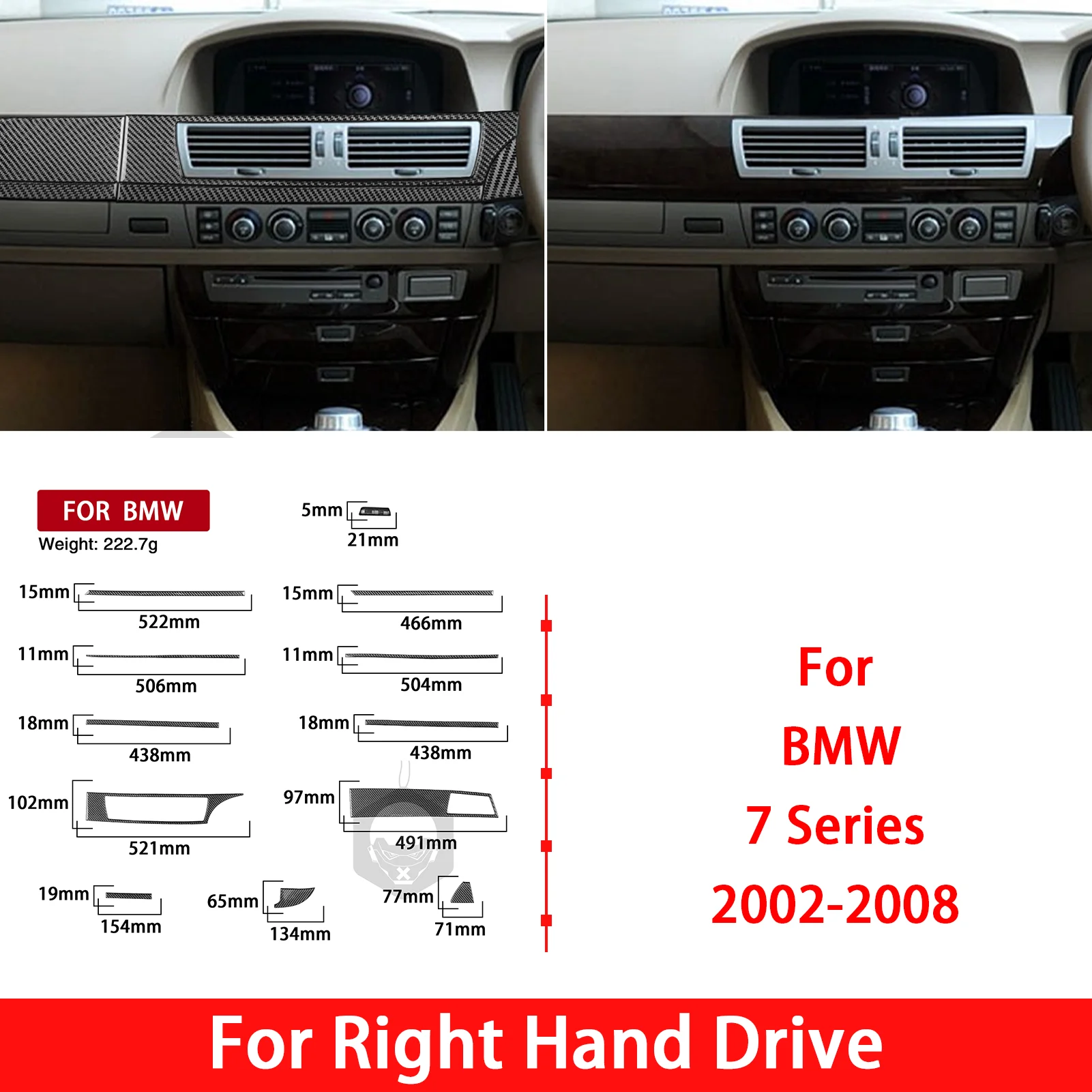 Real Carbon Fiber For BMW 7 Series 02-08 Center Console Dashboard Panel 12PCS Vehicle Shell Housing Refit Exterior Layer Sticker