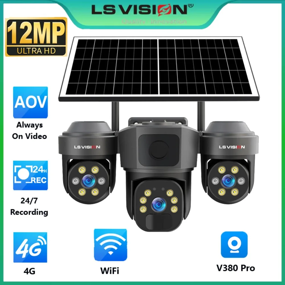 LS VISION 12MP 24/7 Recording 4G/Wi-Fi Solar-Powered Camera 3 Screens 3 PTZ  360° Auto-Tracking IP Surveillance Camera V380 Pro