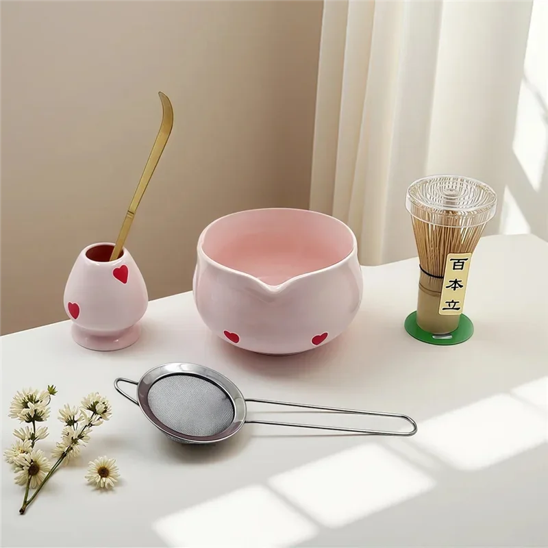CHCH 5Pcs Pink Heart Decal Set,Cute Matcha Kit Includes Bowl, Whisk,Holder Bamboo Scoop& Sifter