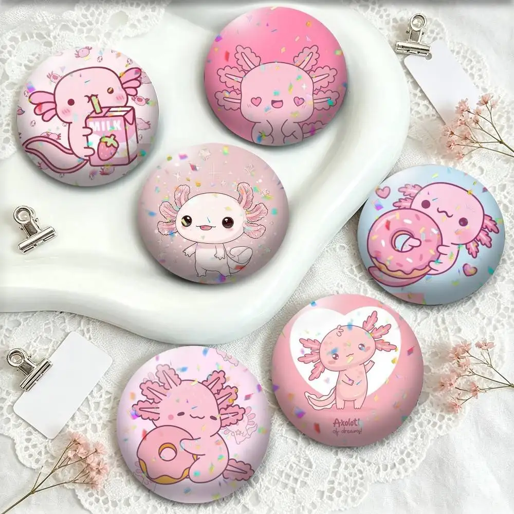 Kawaii Axolotl Cartoon  25 32 44 58 75mm Badges Personalized Round Brooches Pins Accessory Gift