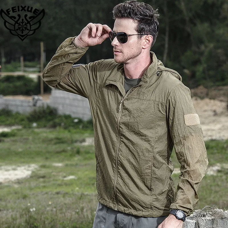 

2025Summer Jacket Men Thin Hooded Raincoat Tactical Breathable Quick Dry Lightweight Hiking Jacket Waterproof Clothes