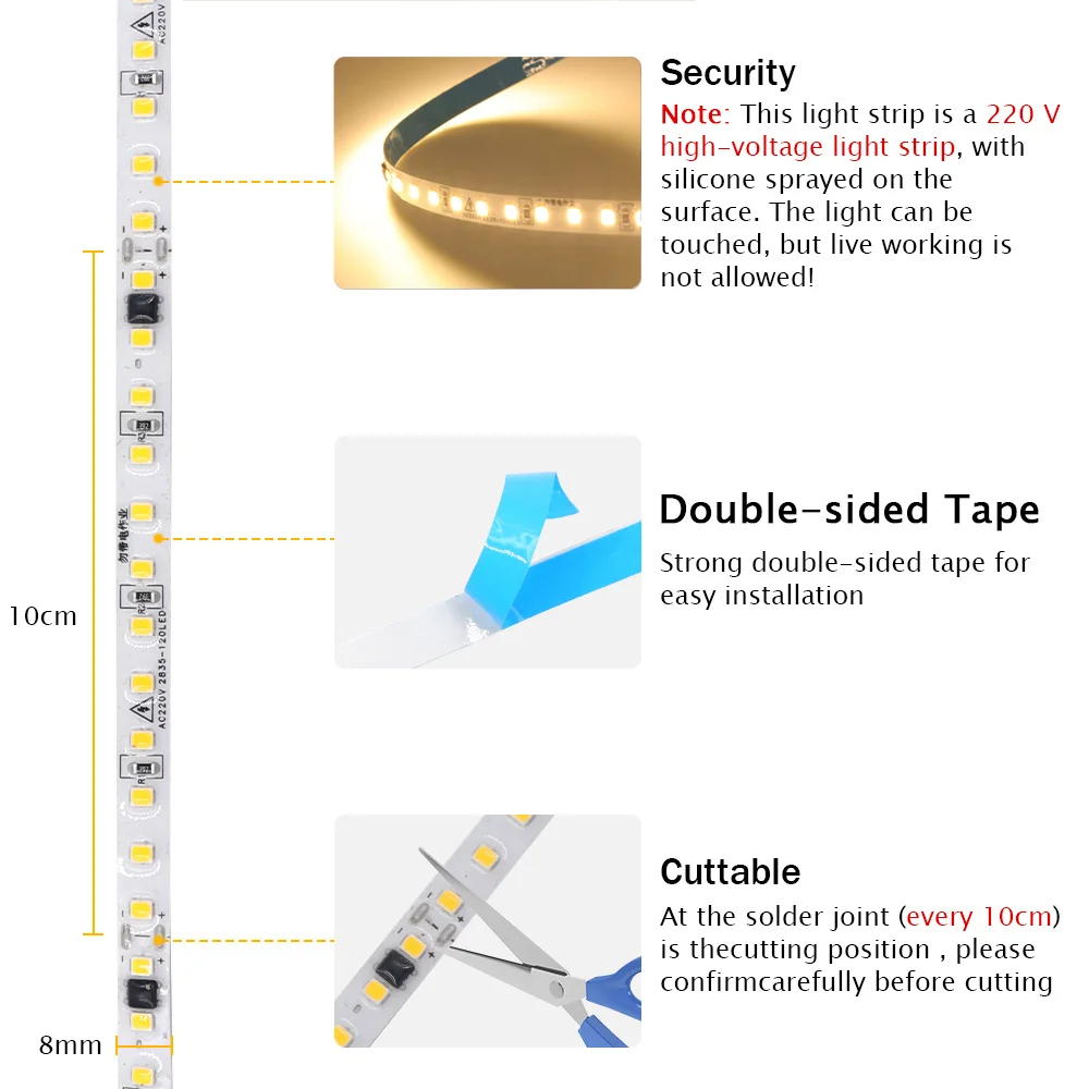 LED Strip Light 220V 2835 5m 10m 30m 50m Tape 120Led/m Waterproof LED Lighting Warm Natural White Flexible Lamp Home Decoration