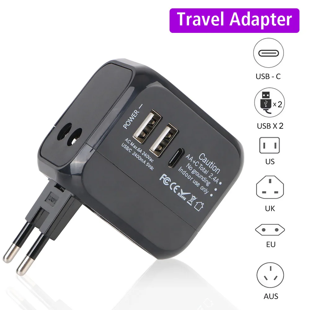 US EU UK AU plug Travel Charger with 2 USB Port and 1 Type C Universal 6A Travel Adapter All-in-one Wall Charger