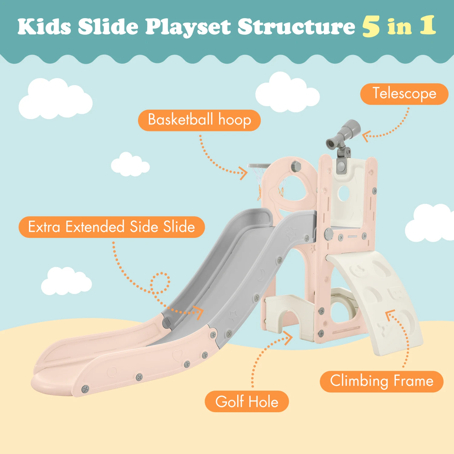 Kids Slide Playset Structure 5 in 1, Freestanding Spaceship Set with Slide, Telescope and Basketball Hoop, Golf Holes for Toddle