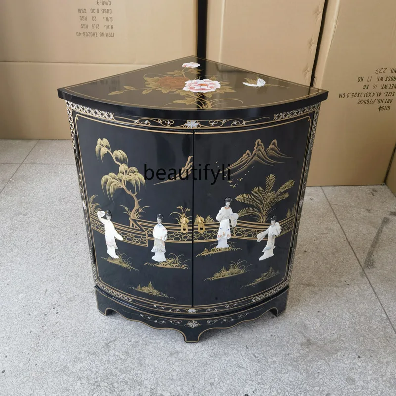 

Glossy Lacquer Shell Triangle Cabinet Corner Storage Cabinet Classical Painted Furniture