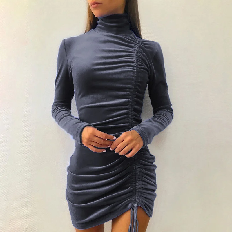 

Autumn Winter Suede Drawstring High-neck Women's Dress Fashion Long-sleeved Tight Skirt Commuter Holiday Casual Bag Hip Skirt