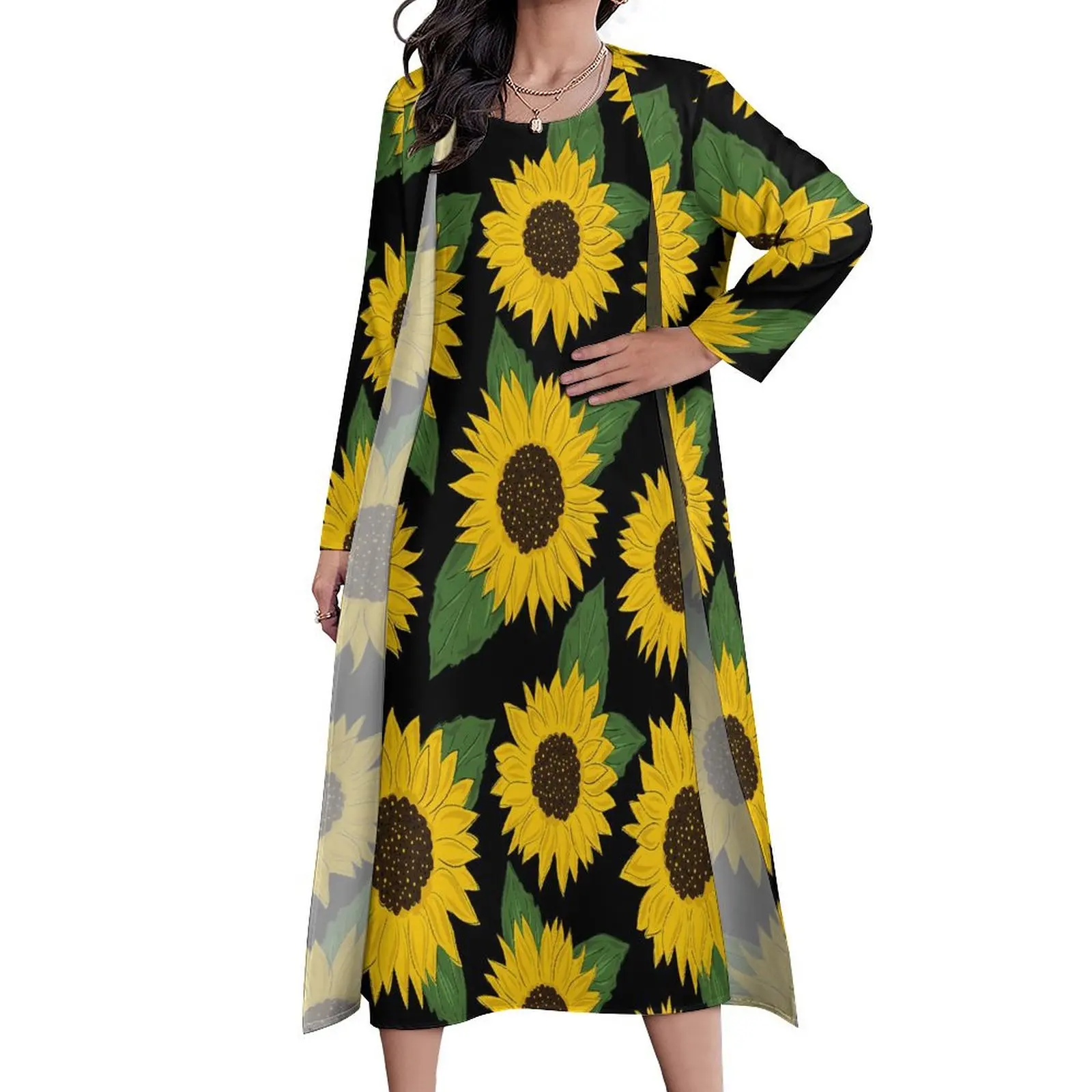 

Sunflower And Leaf Dress Floral Design Cute Maxi Dress Two-Piece Pattern Bohemia Long Dresses Korean Fashion Oversized Clothes