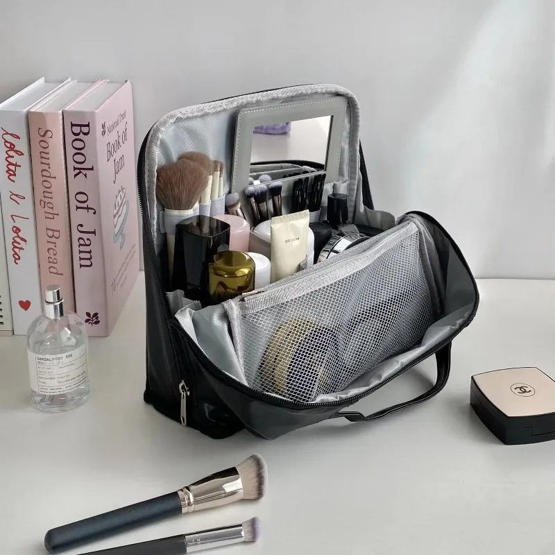 Large-capacity Portable Makeup Bag for Women Hanging Luggage Travel Handbag with Compartments Stand-up Mirror Design Storage Bag