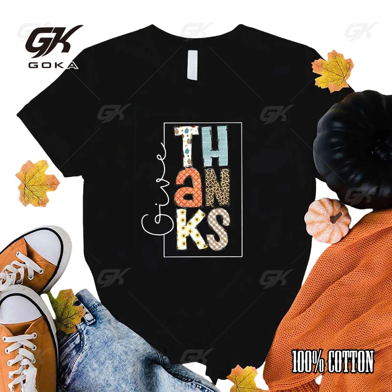 Funny Fall Give Thanks Letter Printing T-Shirts For Women Summer Tee Shirt Femme Casual Short Sleeve Round Neck Tops T-Shirts