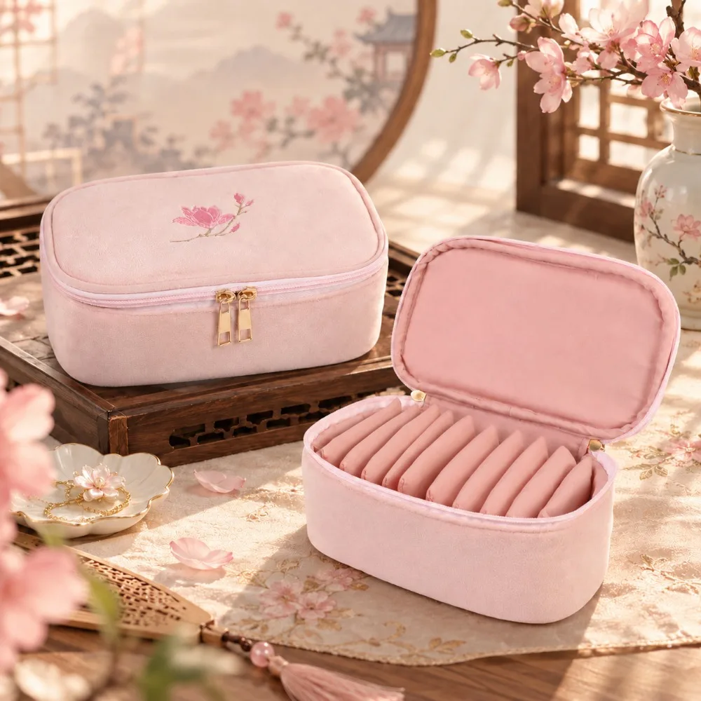 Elegant New Chinese Magnolia Embroidery Velvet Jewelry Case Multi Compartment Portable Travel Cosmetic Storage Bag