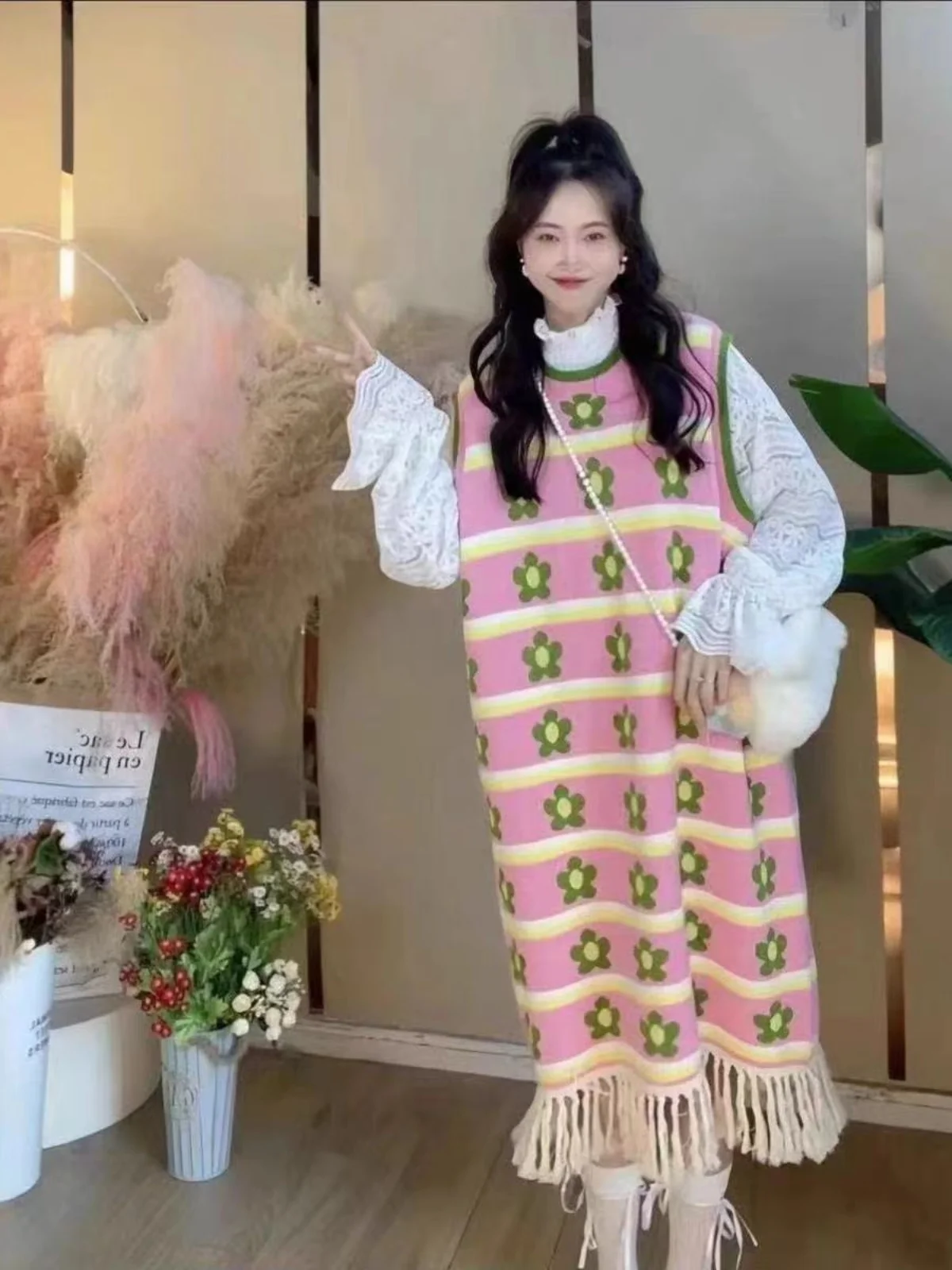 

Свободный вязаный жилет-платье для женщин в корейском стиле, осенне-зимняя новинка, стройнящий, омолаживающий, с бахромой, дизайн юбки