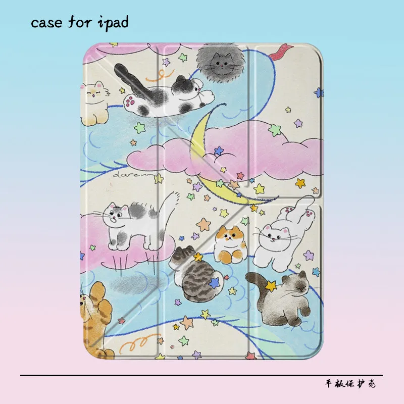 Dreamy Starry Sky Cute Cat Fresh ins Cartoon Lovely For iPad Case iPad 10 9 8 7 Air 6 5 4 3 2 Pro 11 Mini Y-Fold Tri Fold Cover