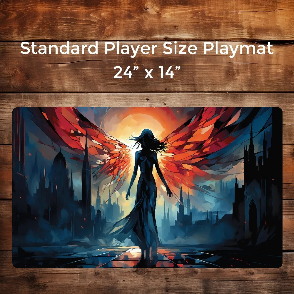 TCG Playmat Fantasy Angel With Stained‑Glass Wings Gothic Dark Castle Sunset Backlight Non‑Slip Large Desk Mat Card Game Esports