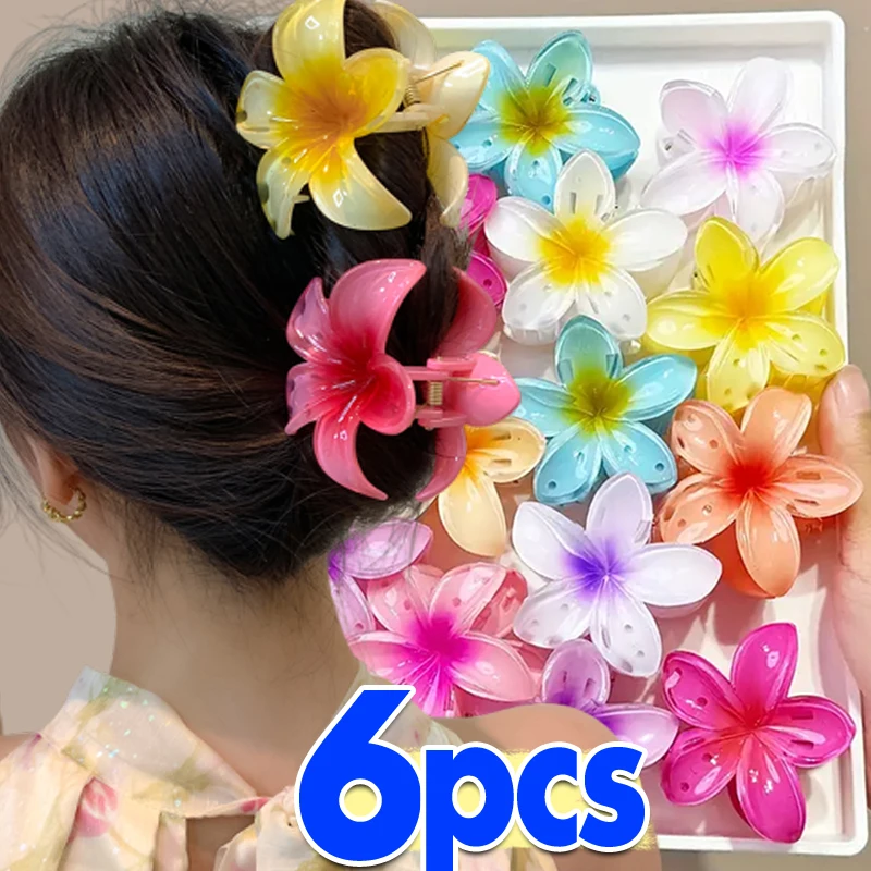 6Pcs Hawaiian Gradient Hair Clips Flower Hair Claws Small Size Fashion Headwear Hairpin Crab Barrette Hair Accessories for Women