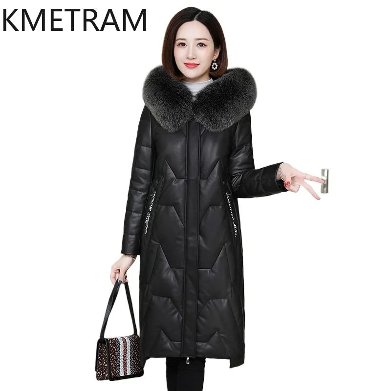100% Sheepskin Puffer Jacket Women High Quality Genuine Leather Long Down Coats with Hood fox Fur Collar Winter Clothes 2025