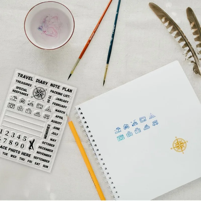 1Sheet Travel Diary Clear Stamp Compass Icon Clear Rubber Stamps Number Week Year Silicone Stamps for DIY Scrapbooking Photo