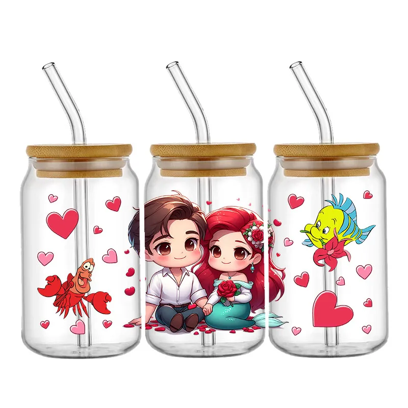 Imagem -05 - Princesa Disney-dia dos Namorados Transferência Adesivos Impermeável uv Dtf Cup Wraps Faça Você Mesmo 3d Decalque Envoltório para 16oz Libbey Glass