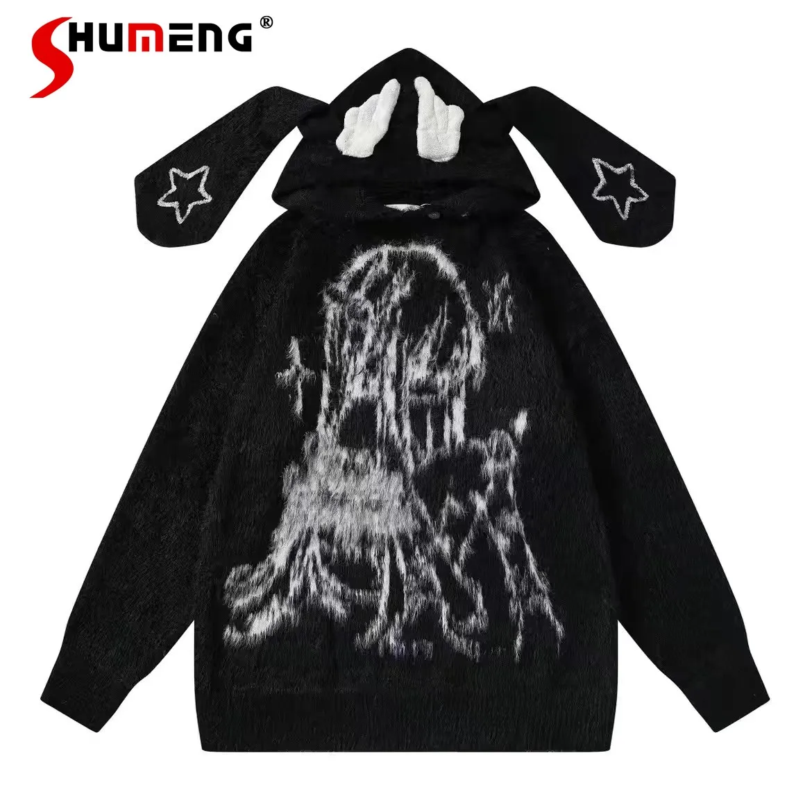 

Autumn Winter 2D Subculture Anime Embroidered Rabbit Ears Hooded White Long-sleeved Knitted Pullover Girls Loose Casual Sweater