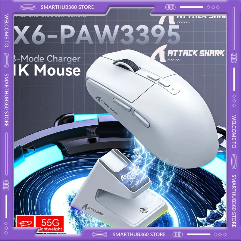 

Attack Shark X6 2.4G Receiver Optical Mouse Wireless Gaming Mouse 26000DPI PAW3395 Bluetooth-Compatible Mouse for MacBook Laptop