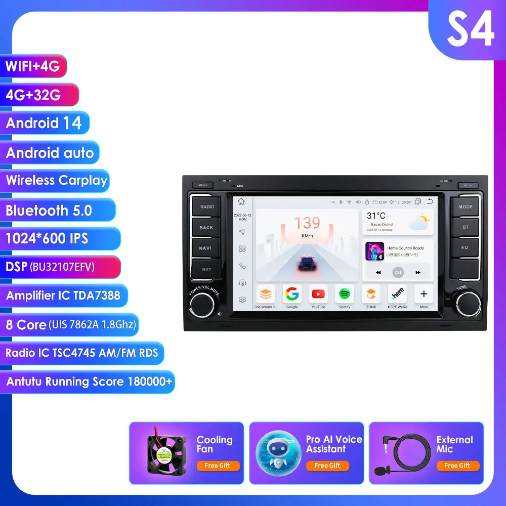 Carplay DSP 7 ''2Din Android 14 Autoradio GPS voor VW Volkswagen Touareg Transporter T5 Multivan Naviagtion Speler audio WIFI DVD