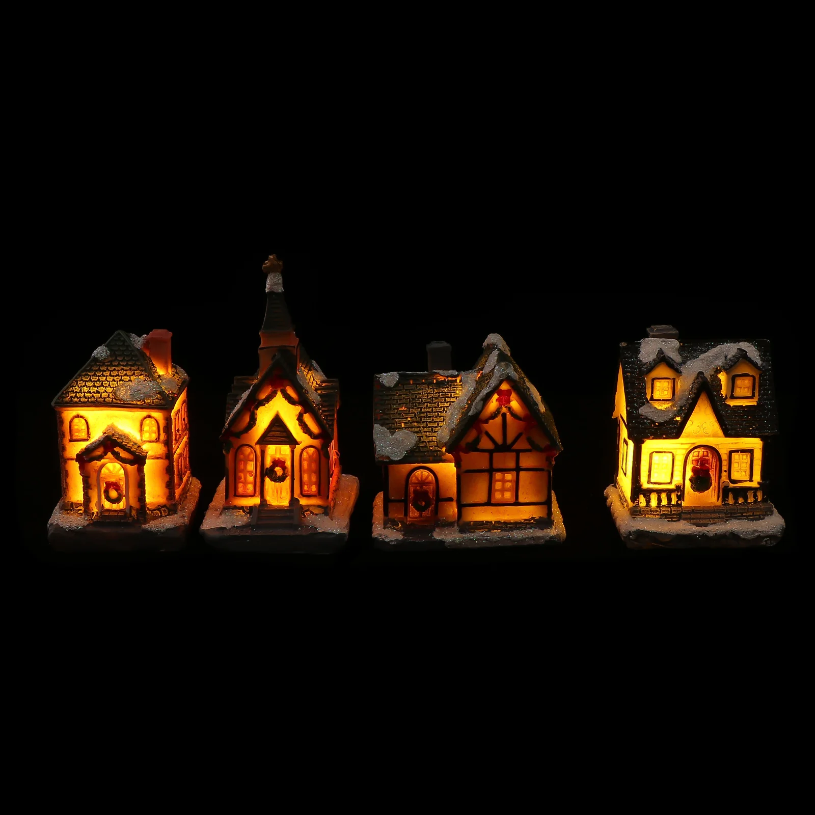 

4 Pcs Resin House Decor Mini LED Lighted Village Houses Christmas Adornment Premium Material Festive Atmosphere Xmas Party