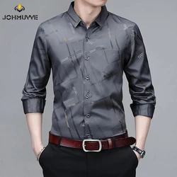 Camisa casual masculina de manga comprida estampada, blusa Business, não engomar e resistente a rugas, elegante